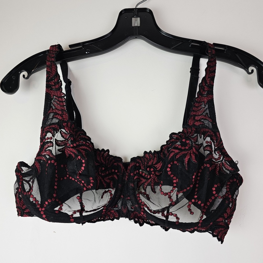 Lunaire 34D Black Red Embroidered Lace‎ Underwire Bra Sheer Sexy Chic Lingerie